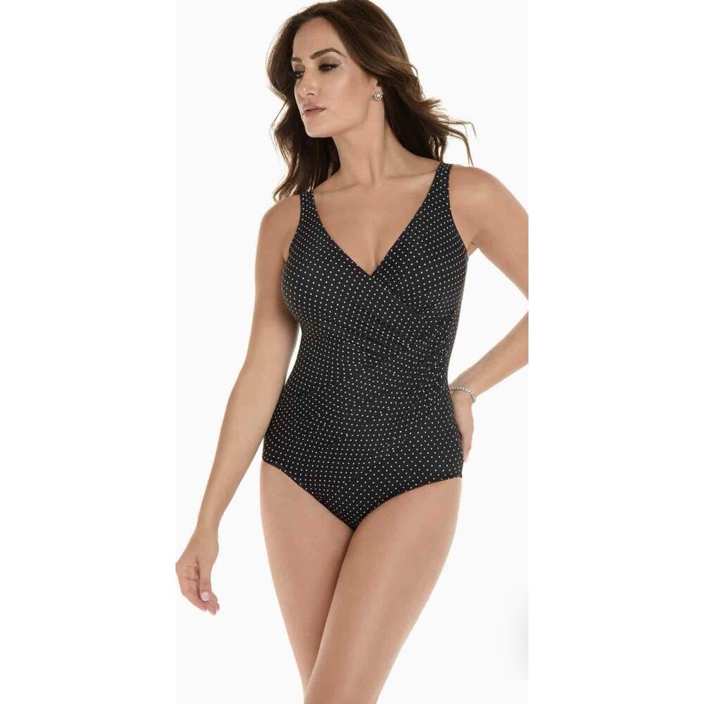 MIRACLESUIT Oceanus Pin Point Polka Dot Tummy Control One Piece Swimsuit 12 NWT